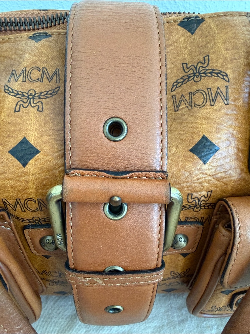 MCM Cognac Visetos coated canvas Logo Satchel w/2 Front Pockets - Picture 4 of 14